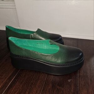 Womens splicing platform shoes blackish green leather SooLinen